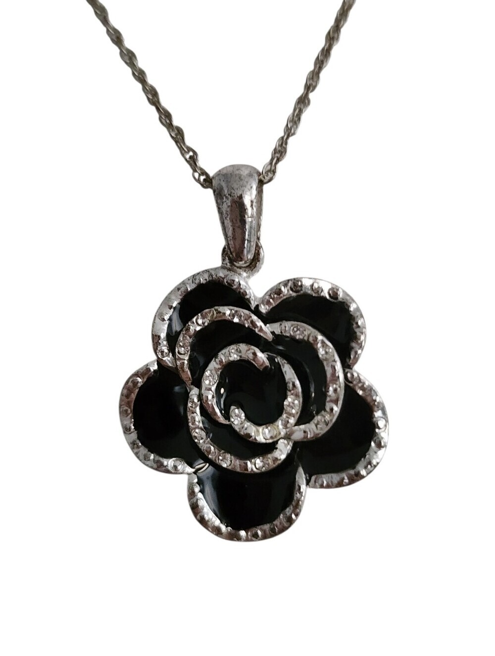 The Roman Company Black Camellia Pendant Necklace Silvertone Crystals